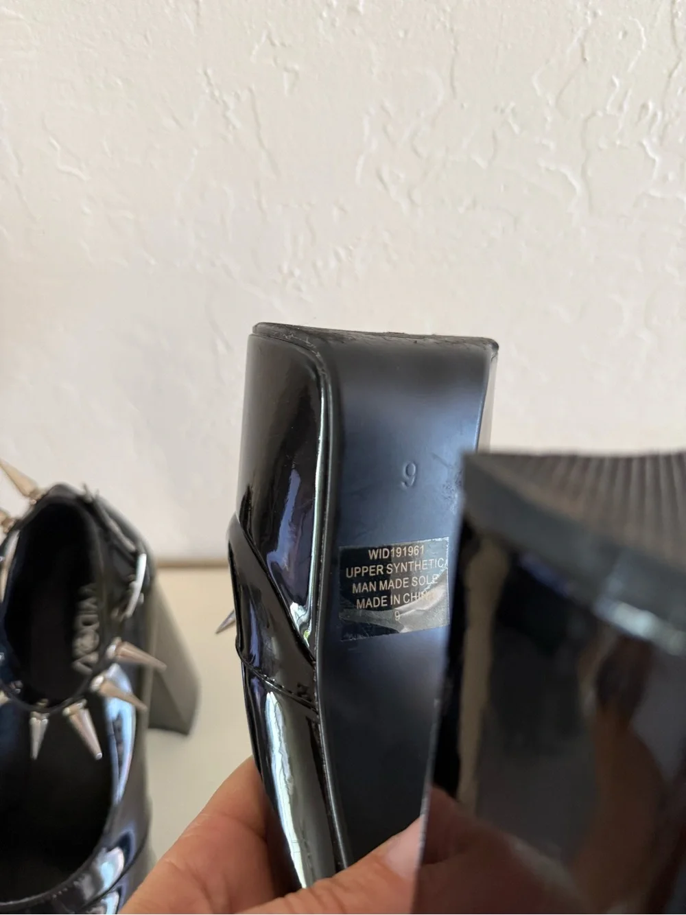 Black Patent Platform Mary Jane Heels with Silver Spikes